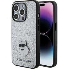 Telefono Dėklas Etui Karl Lagerfeld Fixed Glitter Choupette Logo Metal Pin do iPhone 15 Pro Sidabrinis KOW068