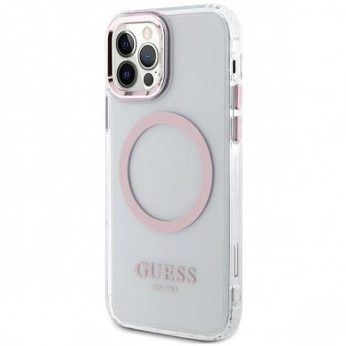 Telefono Dėklas Case Guess iPhone 12/12 Pro 6.1" hard case Metal Outline Magsafe Skaidrus Rožinis KOW068 1