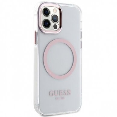 Telefono Dėklas Case Guess iPhone 12/12 Pro 6.1" hard case Metal Outline Magsafe Skaidrus Rožinis KOW068 3