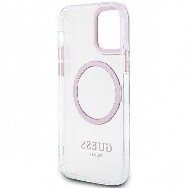 Telefono Dėklas Case Guess iPhone 12/12 Pro 6.1" hard case Metal Outline Magsafe Skaidrus Rožinis KOW068 6