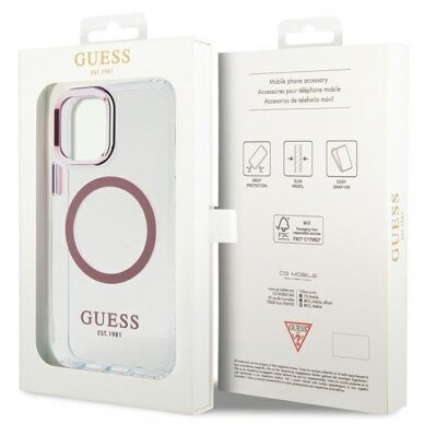 Telefono Dėklas Case Guess iPhone 12/12 Pro 6.1" hard case Metal Outline Magsafe Skaidrus Rožinis KOW068 7