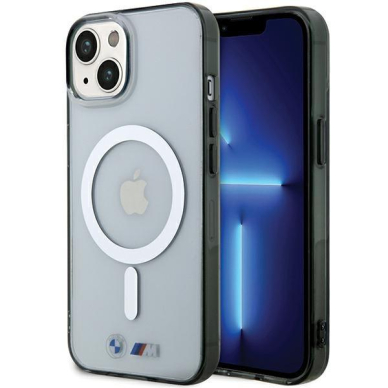 Telefono Dėklas Etui BMW Silver Ring MagSafe do iPhone 15 Skaidrus Juodas KOW068