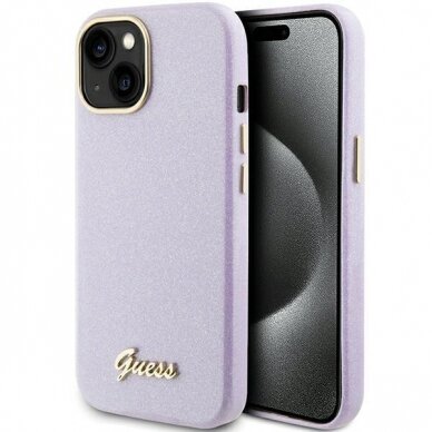 Telefono Dėklas Guess Glitter Glossy Script case for iPhone 15 Pilkas/Violetinis KOW068