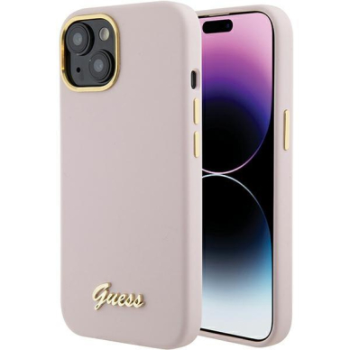 Telefono Dėklas Guess Silicone Script Metal Logo & Frame case for iPhone 15 Rožinis KOW068