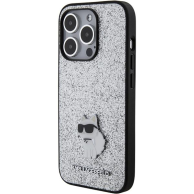 Telefono Dėklas Etui Karl Lagerfeld Fixed Glitter Choupette Logo Metal Pin do iPhone 15 Pro Sidabrinis KOW068 1