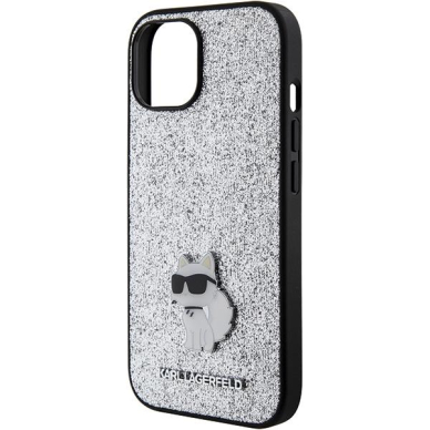 Telefono Dėklas Etui Karl Lagerfeld Fixed Glitter Choupette Logo Metal Pin do iPhone 15 Sidabrinis KOW068 5