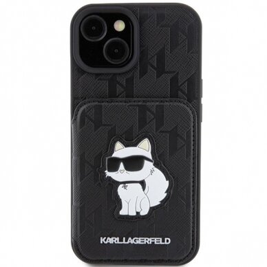 Telefono Dėklas Etui Karl Lagerfeld Saffiano Cardslots and Stand Monogram Choupette do iPhone 15 Juodas KOW068 2