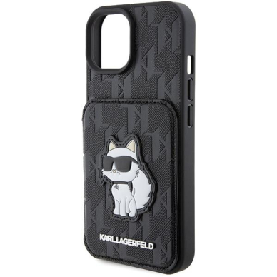 Telefono Dėklas Etui Karl Lagerfeld Saffiano Cardslots and Stand Monogram Choupette do iPhone 15 Juodas KOW068 5