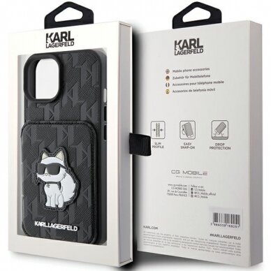 Telefono Dėklas Etui Karl Lagerfeld Saffiano Cardslots and Stand Monogram Choupette do iPhone 15 Juodas KOW068 8