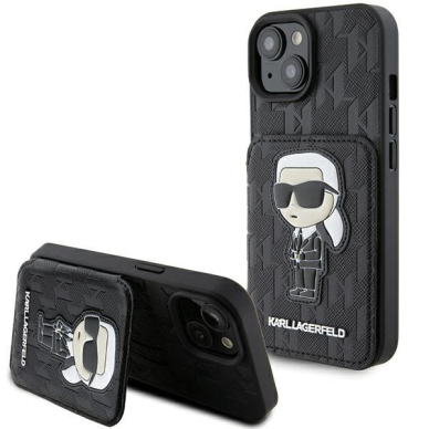 Telefono Dėklas Karl Lagerfeld Saffiano Cardslots and Stand Monogram Ikonik Patch iPhone 15 Juodas KOW068