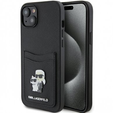 Telefono Dėklas Karl Lagerfeld Saffiano Cardslot Karl&Choupette Metal Pin iPhone 15 Juodas KOW068