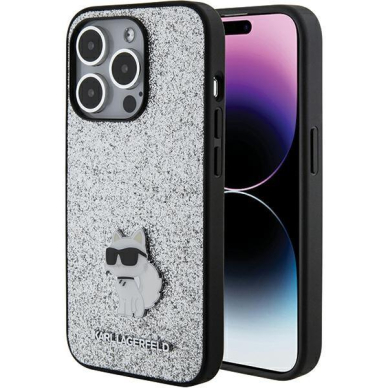 Telefono Dėklas Karl Lagerfeld Fixed Glitter Choupette Logo Metal Pin do iPhone 15 Pro Max Sidabrinis KOW068