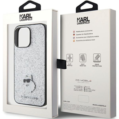 Telefono Dėklas Karl Lagerfeld Fixed Glitter Choupette Logo Metal Pin do iPhone 15 Pro Max Sidabrinis KOW068 7