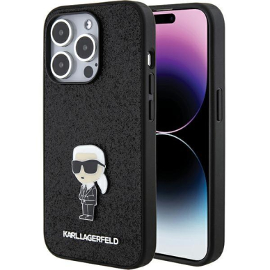 Akcija! Telefono Dėklas Karl Lagerfeld Fixed Glitter Ikonik Logo Metal Pin do iPhone 15 Pro Max Juodas KOW068