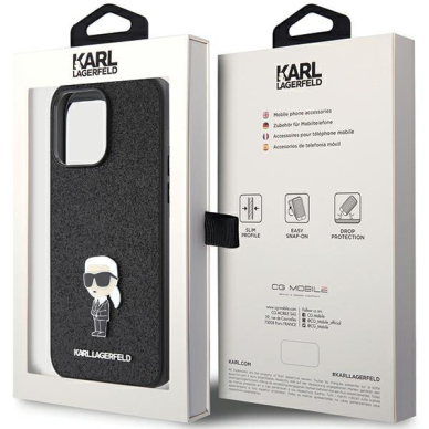 Akcija! Telefono Dėklas Karl Lagerfeld Fixed Glitter Ikonik Logo Metal Pin do iPhone 15 Pro Max Juodas KOW068 7