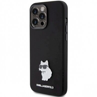 Dėklas Karl Lagerfeld KLHCP15XSMHCNPK iPhone 15 Pro Max 6.7" Juodas Silicone Choupette Metal Pin 1