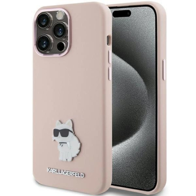 Dėklas Karl Lagerfeld KLHCP15XSMHCNPP iPhone 15 Pro Max 6.7" Rožinis Silicone Choupette Metal Pin