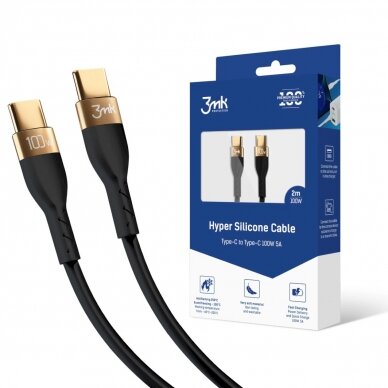 3mk Hyper Silicone Kabelis USB-C / USB-C 100W 2m - Juodas