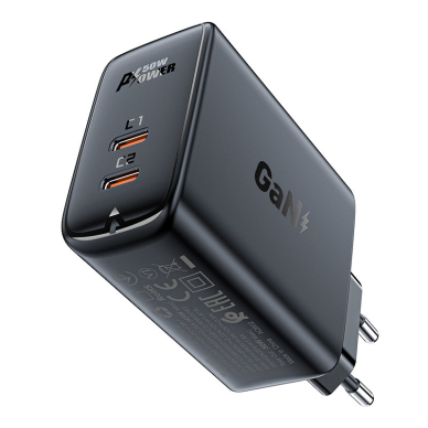 Acefast A29 PD50W GaN (USB-C + USB-C) dual port charger Juodas