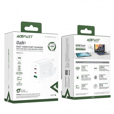 Acefast charger GaN 65W 3 ports (1xUSB, 2xUSB C PD) UK plug Baltas (A44) 5