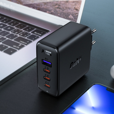 Acefast fast charger GaN 3xUSB-C/1xUSB-A 100W Juodas+ angled cable USB-C - USB-C 100W 2m Juodas 2