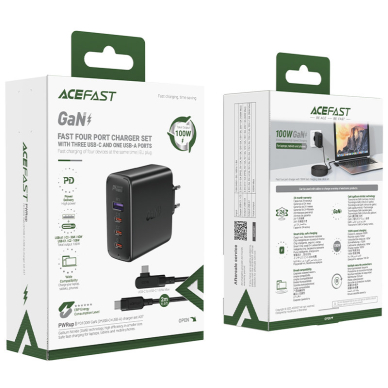 Acefast fast charger GaN 3xUSB-C/1xUSB-A 100W Juodas+ angled cable USB-C - USB-C 100W 2m Juodas 5