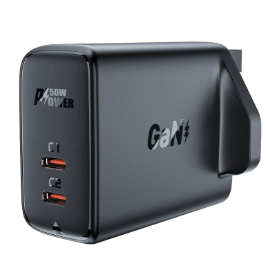 Acefast GaN charger (UK Įkroviklis) 2x USB Type C 50W, Power Delivery, PPS, Q3 3.0, AFC, FCP black (A32 UK)