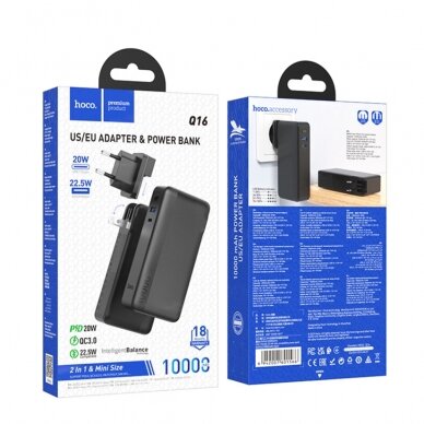 [Užsakomoji prekė] Išorinė baterija powerbank Plug US / EU, USB, Type-C, 22.5W, 10000mAh - Hoco Friendly (Q16) - Juoda 6