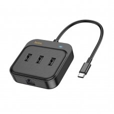 [Užsakomoji prekė] Adapteris USB-C į 3x USB2.0 + RJ45, 0.2m - Hoco Easy Link (HB35) - Juodas