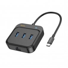 [Užsakomoji prekė] Adapteris USB-C į 3x USB3.0 + RJ45, 0.2m - Hoco Easy Link (HB35) - Juodas