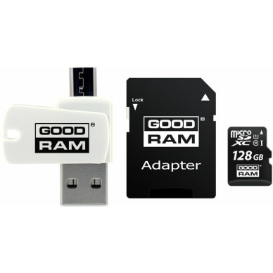 Atminties korta Goodram microSD 128Gb (class 10) + SD adapter + OTG kortelių skaitytuvas (USB+microUSB)