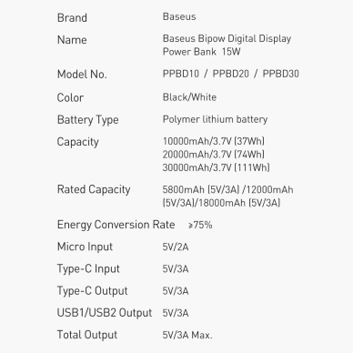 Baseus Bipow fast charging powerbank 20000mAh 15W black (Overseas Edition) + USB-A - Micro USB cable 0.25m black (PPBD050101) 13