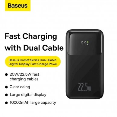 Baseus Comet Series powerbankdisplay 10000mAh 22.5W - Juodas + USB-A / USB-C Kabelis 12