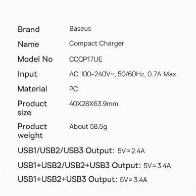 Baseus Compact Charger 3U 17W EU Baltas 19