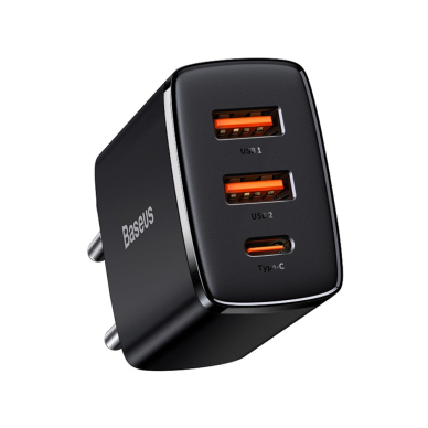 Kompaktinis Greitas Buitinis Įkroviklis Baseus Compact quick charger USB Type C / 2x USB 30W 3A Power Delivery Quick Charge Juodas (CCXJ-E01)