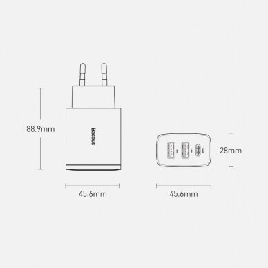 Kompaktinis Greitas Buitinis Įkroviklis Baseus Compact quick charger USB Type C / 2x USB 30W 3A Power Delivery Quick Charge Baltas (CCXJ-E02) 16