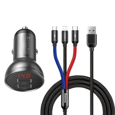 Įkroviklis Baseus Digital Display Dual USB 4.8A Car Charger 24W + 3in1 USB - UBS Type C / micro USB / Lightning 1,2m cable juodas