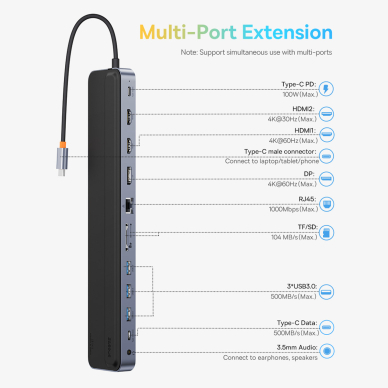 Baseus EliteJoy Gen2 universal USB HUB 12in1 with USB-C cable 25cm notebook stand USB-A / USB-C / DP / HDMI / SD / TF / RJ45 / 3.5mm jack / PD 100W gray (WKSX030213) 10