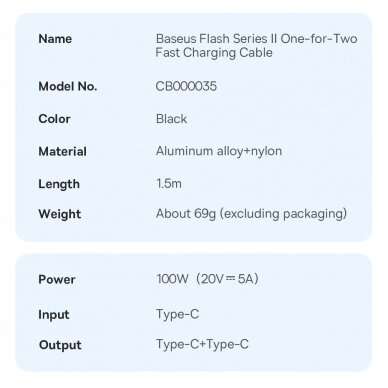 Baseus Flash Series Ⅱ Fast Charging Cable 2in1 USB-C - 2xUSB-C 100W 1.5m Juodas 15