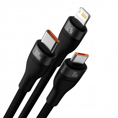 Baseus Flash Series Ⅱ One-for-three Fast Charging Data Cable USB to M+L+C 100W 1.2m Juodas 1