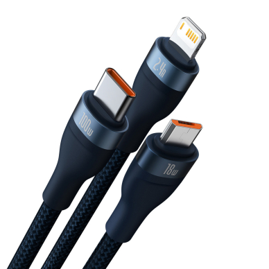 Baseus Flash Series Ⅱ One-for-three Fast Charging Data Cable USB to M+L+C 100W 1.2m Mėlynas 1