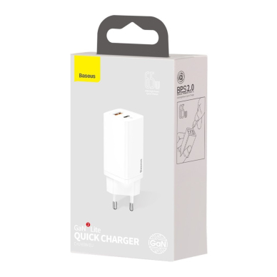 Baseus GaN2 Lite Greitas Buitinis Įkroviklis 65W USB / USB Typ C Greitas Įkrovimas 3.0 (galio nitridas) Baltas (CCGAN2L-B02) UGLX912 4