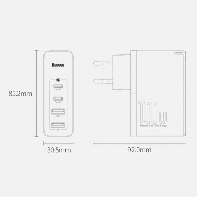 Baseus GaN2 Pro Greitas Buitinis Įkroviklis 100W USB / USB Typ C Greitas Įkrovimas 4+ Baltas (CCGAN2P-L02) 12