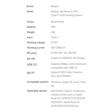 Baseus Lite Series multifunctional HUB USB Type C - 2 x USB 3.0 / USB Type C PD / HDMI 1,4 / SD / TF Baltas (WKQX050102) 20