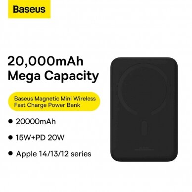 Baseus Magnetic Mini 20000 mAh 20W Powerbank - Juodas + USB-C / USB-C Kabelis 9