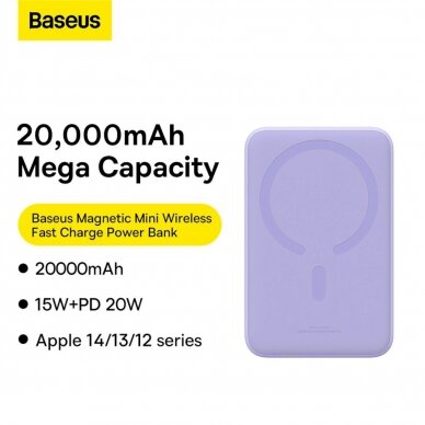 Baseus Magnetic Mini 20000 mAh 20W Powerbank - violetinis + USB-C / USB-C Kabelis 13