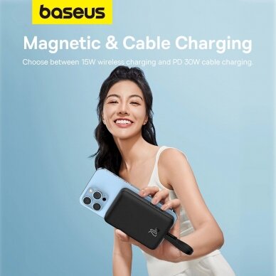 Baseus Magnetic Mini MagSafe 10000mAh 20W powerbankbuilt-in Lightning Kabelis - Juodas + Baseus Simple Series USB-C - USB-C 60W 0.3m Kabelis 10