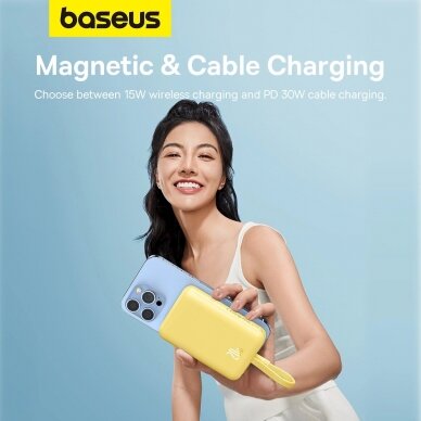 Baseus Magnetic Mini MagSafe 10000mAh 20W powerbankbuilt-in Lightning Kabelis - Geltonas + Baseus Simple Series USB-C - USB-C 60W 0.3m Kabelis 10