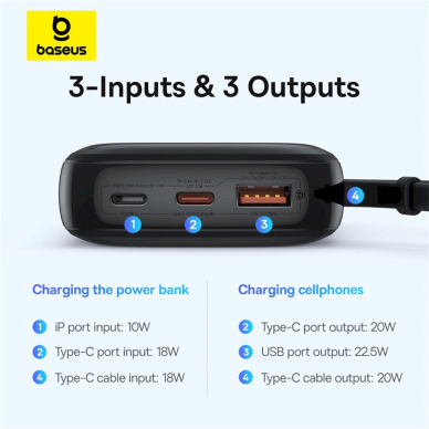 Baseus Qpow Pro+ 10000mAh 22.5W powerbankbuilt-in USB-C Kabelisdisplay - Juodas 13