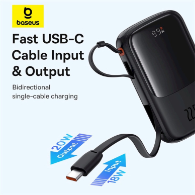 Baseus Qpow Pro+ 10000mAh 22.5W powerbankbuilt-in USB-C Kabelisdisplay - Juodas 14